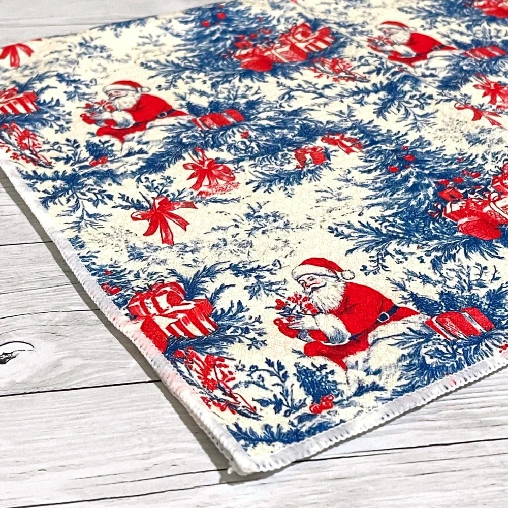 Christmas Santa Claus Toile Kitchen Towel Red Blue Holiday Decor Vintage Style